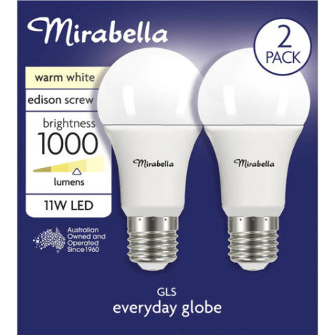 Warm White Led 11w Light Globe 2 Pack Edison Screw | 2 Pack Edison Screw | Mirabella | YG-011754-PD-016445