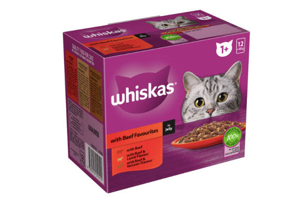 Whiskas Adult 1 + Years Wet Cat Food Beef Favourites In Jelly 85g x 12 pack