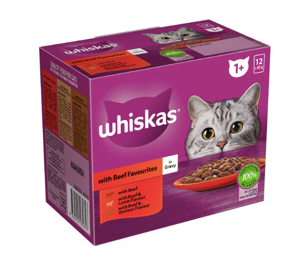 Whiskas 1+ Years Wet Cat Food Favourites Beef In Gravy Pouch 85g x12 Pack