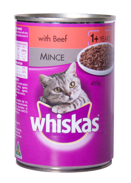 Whiskas 1+ Years Adult Wet Cat Food With Beef Mince Can 400g