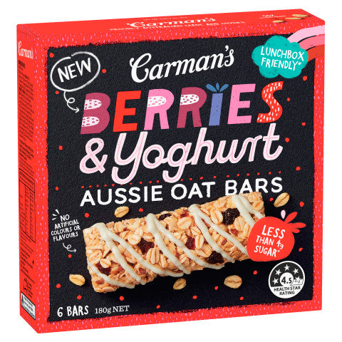 Aussie Oat Bars Berries & Yoghurt 6 Pack 180g | 6 Bars | Carman's | YG-011737-PD-016428