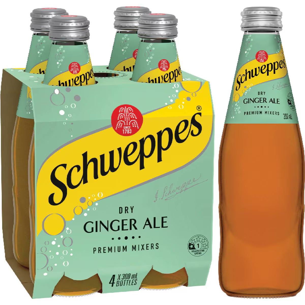Dry Ginger Ale Soft Drink Glass Bottle | 300ml x 4 Pack | Schweppes | YG-006622-MC-975958