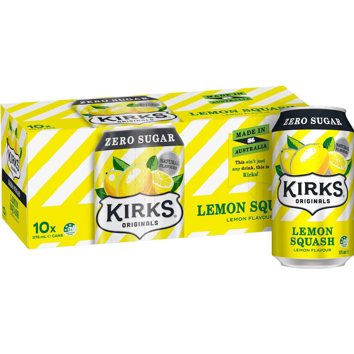 Zero Sugar Lemon Squash Soft Drink Cans | 375ml x 10 Pack | Kirks | YG-112489-MC-975719