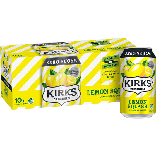 Zero Sugar Lemon Squash Soft Drink Cans | 375ml x 10 Pack | Kirks | YG-112489-MC-975719