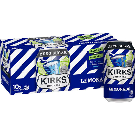 Zero Sugar Lemonade Soft Drink Cans | 375ml x 10 Pack | Kirks | YG-007229-MC-975720