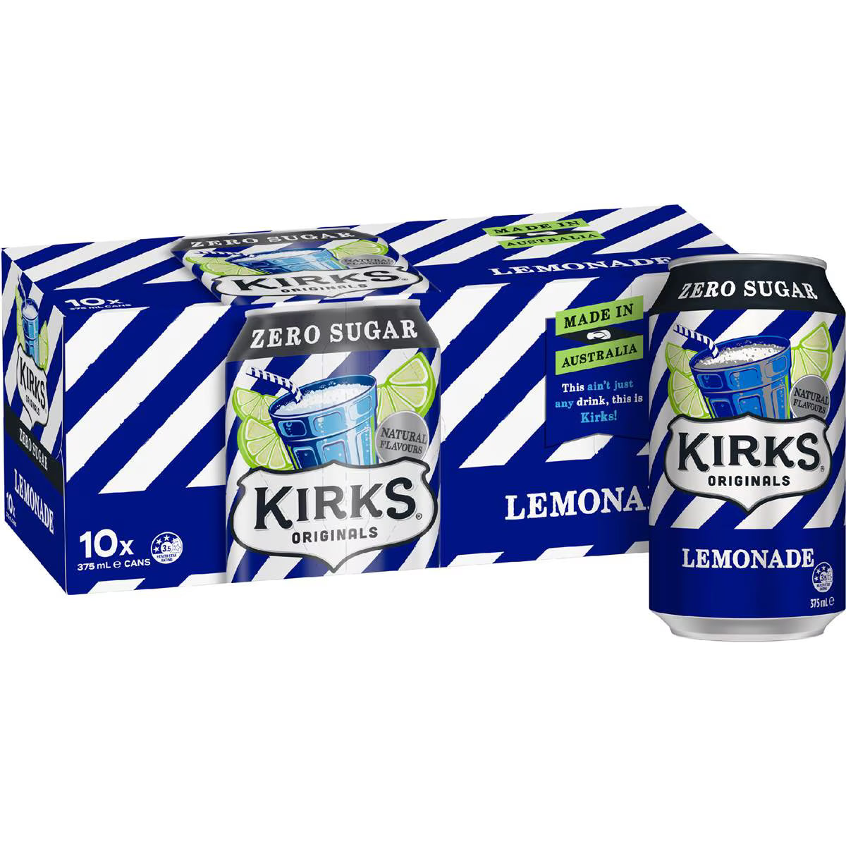 Zero Sugar Lemonade Soft Drink Cans | 375ml x 10 Pack | Kirks | YG-007229-MC-975720