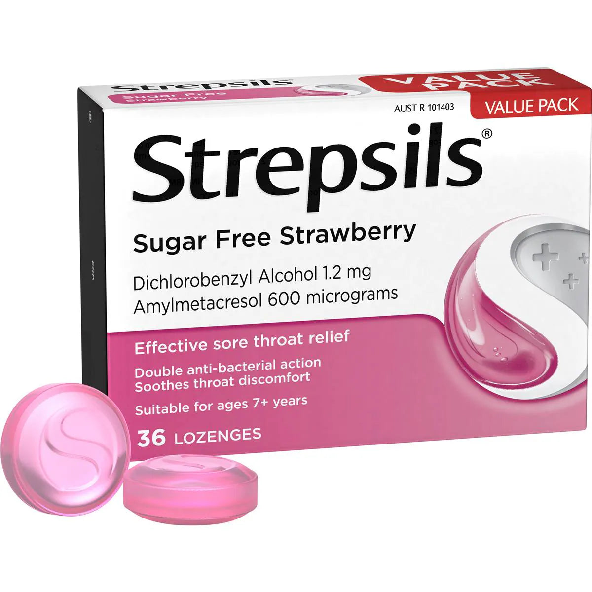 Sore Throat Sugar Free Strawberry Lozenges | 36 Pack | Strepsils | YG-008059-WW-158621