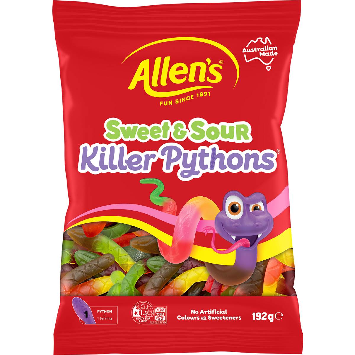 Sweet & Sour Killer Pythons Lollies | 192g | Allen's | YG-112571-MC-976952