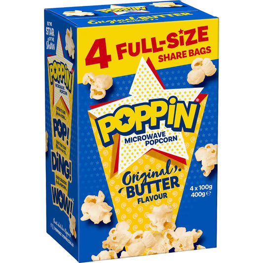 Microwave Popcorn Butter Flavour | 100g x 4 Pack | Poppin | YG-010364-MC-976662